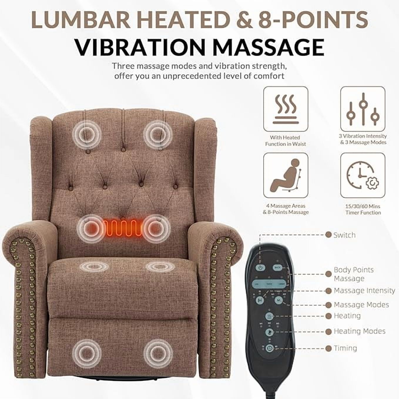 EPICOZY Power Swivel Rocking Glider Recliner Chair with Massage and Heat, Electric Nursery Glider Rocker for Living Room, Wingback Tufted Upholstered Recliner Chair with Type-C & USB Ports, Brown