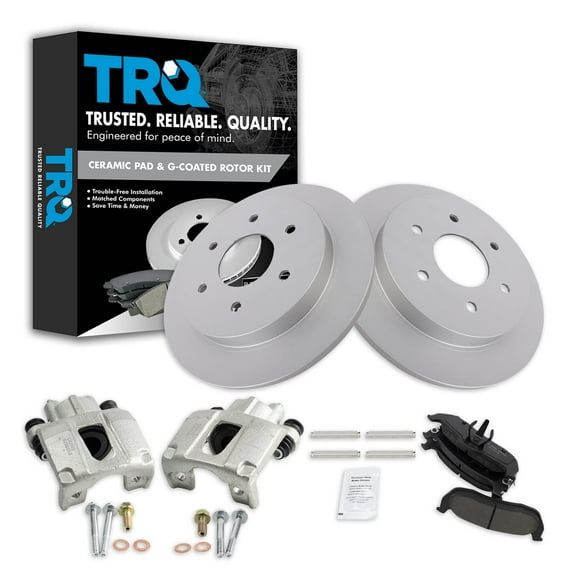 TRQ Rear Brake Pad & Rotor Kit Brake Caliper Brake Pads Brake Rotor Ceramic Premium G-Coated Fits Select 2004-2010 INFINITI QX56 2005-2015 Nissan Armada 2004 Pathfinder Armada 2004-2015 TITAN
