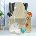 thumbnail image 4 of Animal Soft Flannel Fleece Throw Blanket, Bunny Watering the Dried Flowers Little Birdnd Clouds Pattern, Cozy Plush for Indoor and Outdoor Use, 50" x 60", White Tan and Blue, by Ambesonne, 4 of 5