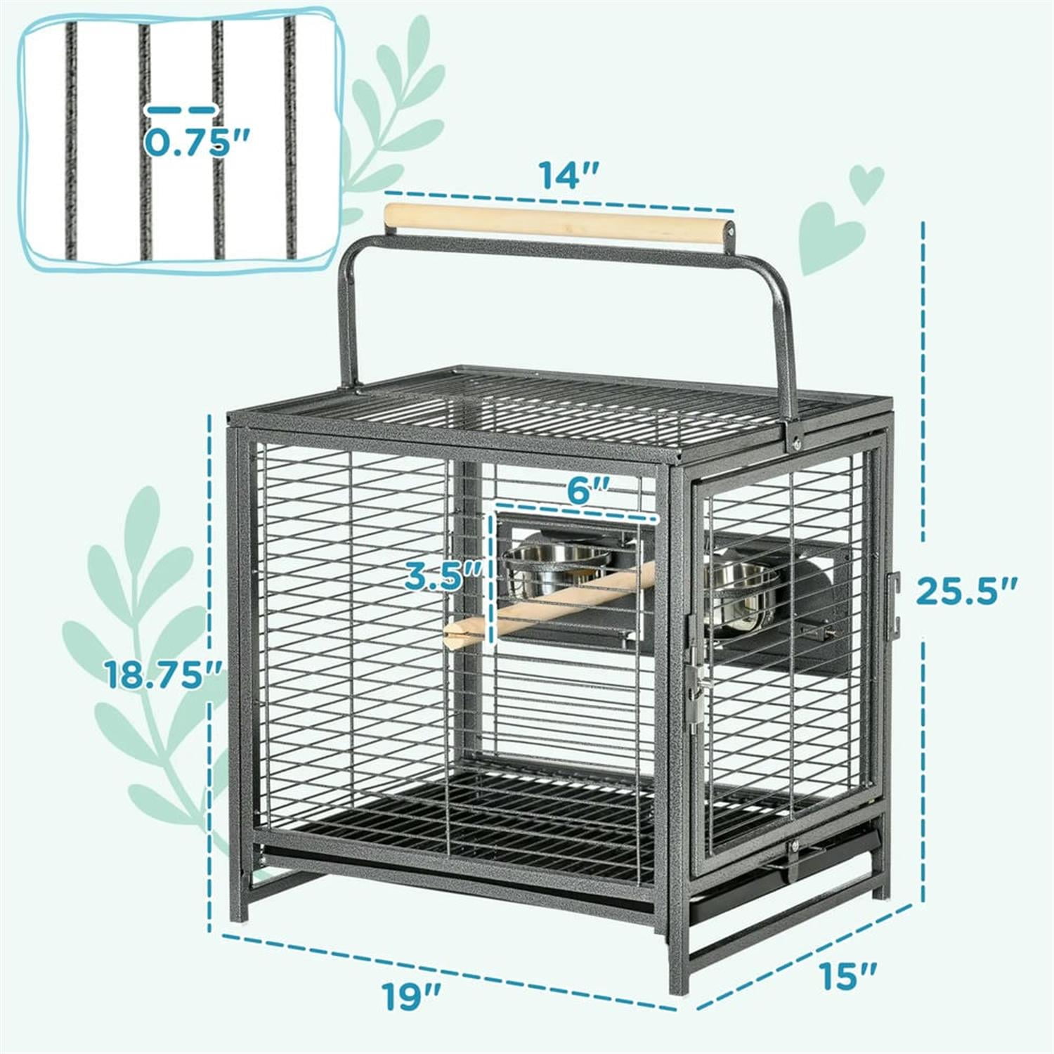 Kadyn 18" Heavy Duty Travel Bird Cage Carrier with Handle Perch for Parrots Conures Lovebird Cockatiel Parakeets, Black