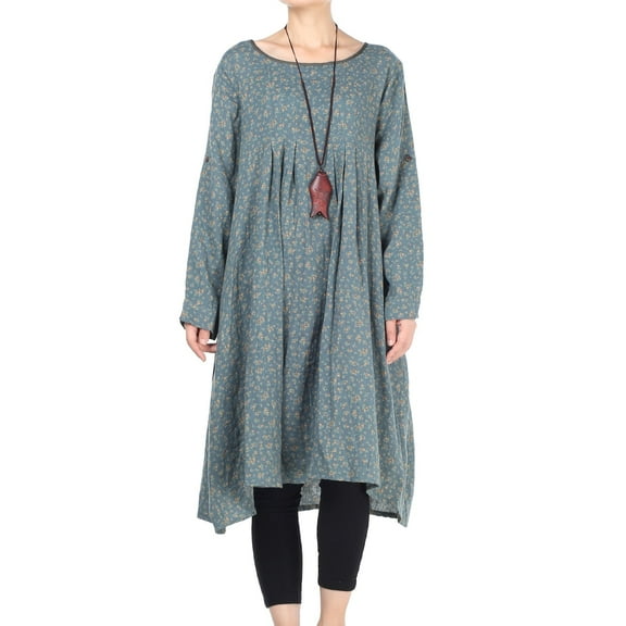 Women's Flowers Floral Pleated Fall Casual Dress with Pockets Blue M