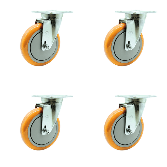 SCC - 5" x 1.25" Yellow Polyurethane Wheel Swivel Casters - Set of 4