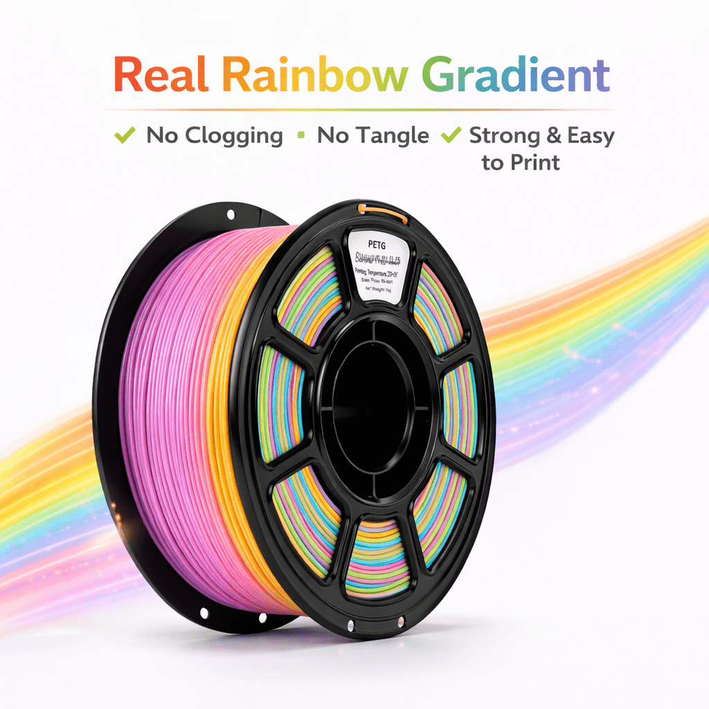 Rainbow PETG 3D Printer Filament, Multicolor 3D Printing Model Filament Matte, +/- 0.02mm, High Gloss Finish, Low Warping, for Most 3D FDM Printer