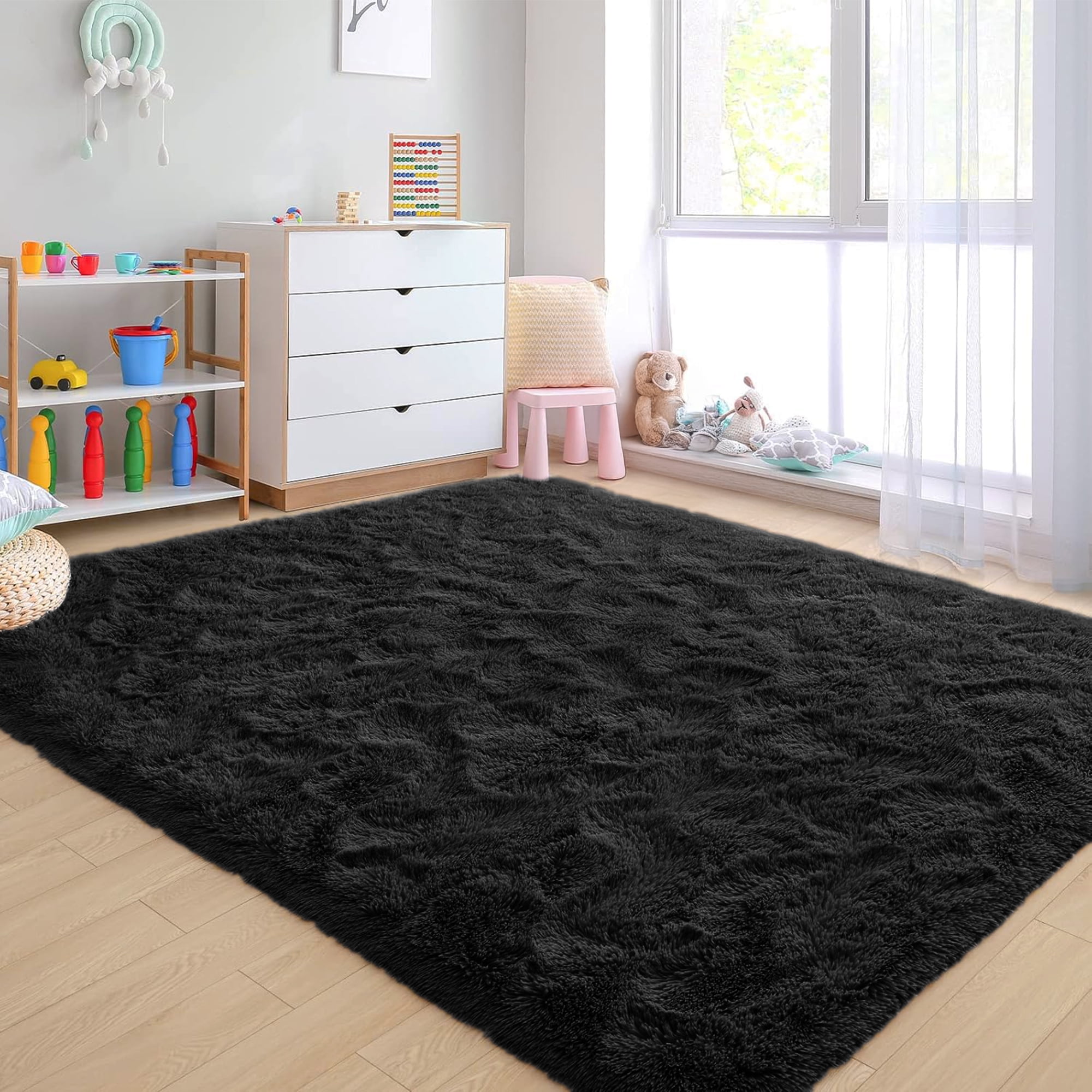 Nefoso Shag Area Rug, 8ft x 10ft Soft Fluffy Area Rugs for Living Room Bedroom Decor Carpet, Black