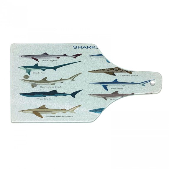 Shark Cutting Board, Types of Sharks Pattern Whaler Piked Dogfish Whlae Shark Maritime Design Nautical, Tempered Glass Cutting and Serving Board, Wine Bottle Shape, Multicolor, by Ambesonne