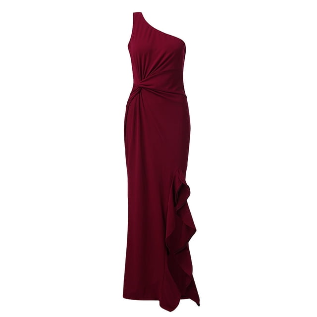Prolriy Robes d'Invité de Mariage pour Femmes Maxi Robe Formelle Femmes Robe une Épaule Froncée Robe de Soirée à Volants Robe de Soirée pour Femmes 2025 Robe Formelle Rouge L