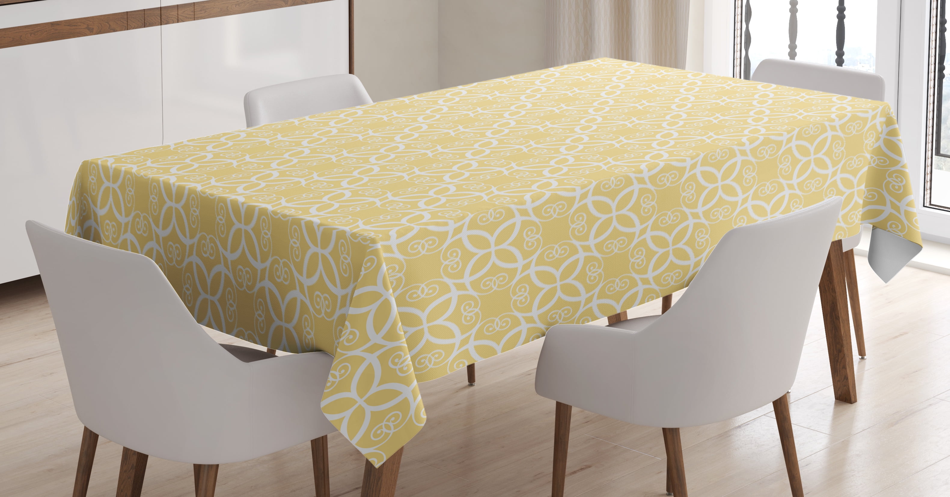 Yellow and White Tablecloth, Ornate Floral Pattern with Swirls Curls Symmetrical Overlap Motifs