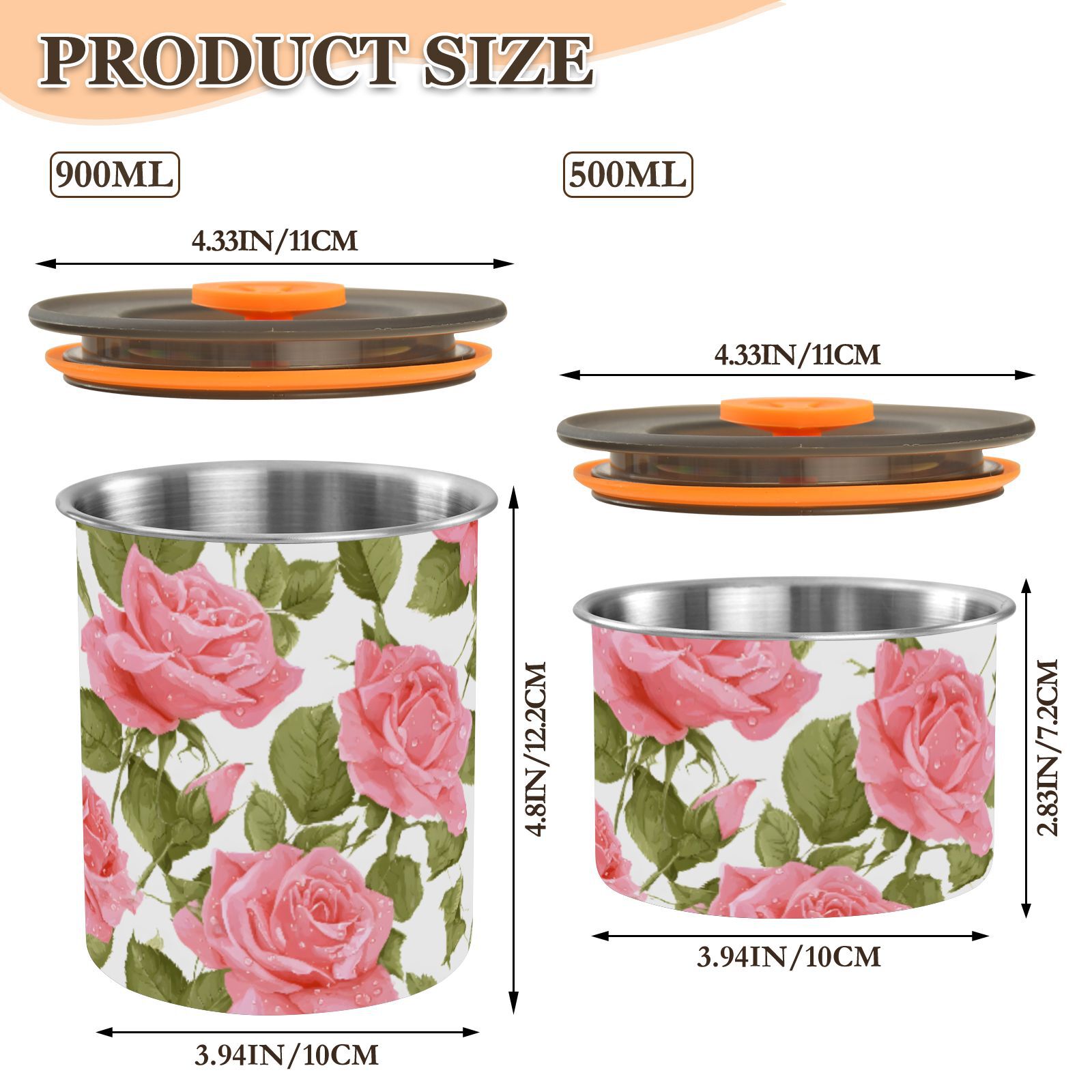 Pink Rose Flower Airtight Coffee Bean Canister 30oz Food Storage Containers with Lids For Gournd, Tea, Sugar, Flour, Rice, Cereal, Candy Cookie Jar