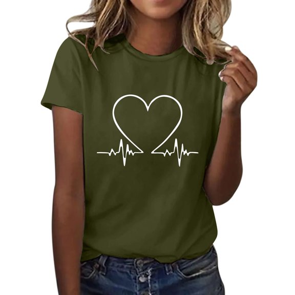 Pxiakgy Women Cute Heart Graphic Crewneck Short Sleeve Regular Fit Casual Tee T-Shirts Tshirt Tops Love Printed Shirt Round Neck T Shirt Top Lightweight Soft Clothing Clothes Army Green L