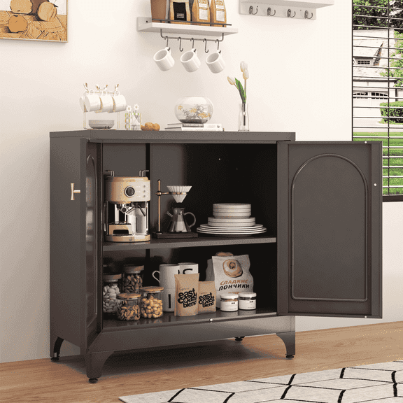 Polup Modern Metal Kitchen Sideboard Cabinet with Doors and Adjustable Shelves, 33" H, Black