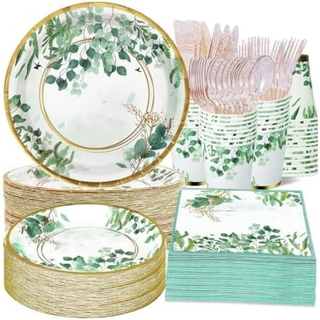 350 Pcs Sage Green Plates and Napkins Party Supplies Serve 50 Sage Green Baby Shower Decorations Eucalyptus Paper Plates and Cups And Napkins Sets for Boho Birthday Wedding Baptism Bridal