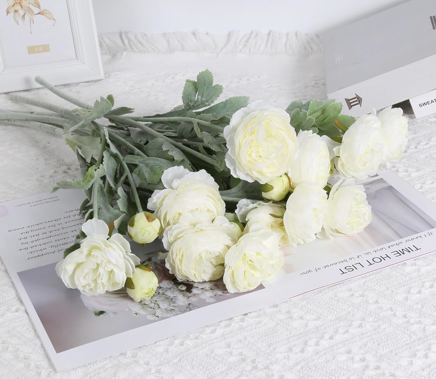 White Peonies White Artificial Ranunculus Flowers8Heads Faux Peonies .7" White Fake Flowers for Floral Arrangements Wedding Decorations for Home Decor Indoor (White)