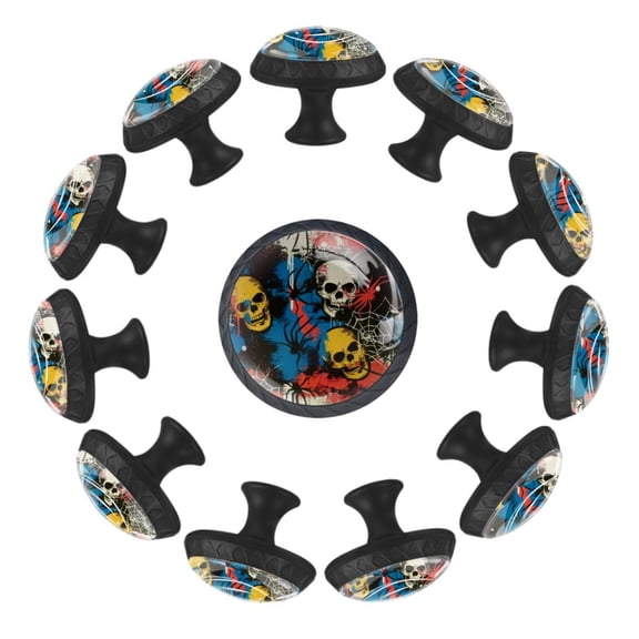 12 Pieces Skulls Spiders Spiderweb Glass Knobs for Dresser Drawers, 1.37 x 1.10 IN Round Kitchen Cabinet Pulls For Home Office Nursery Kids Room