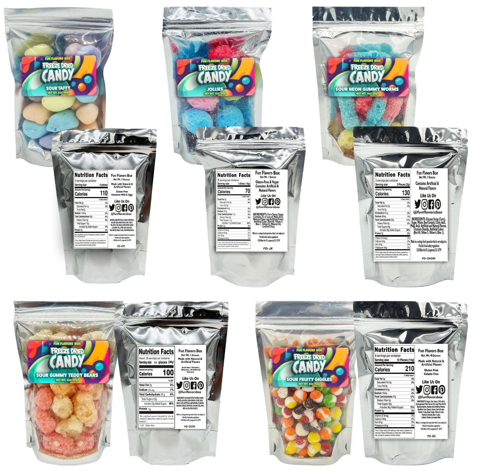 Fun Flavors Box Freeze Dried Sour Gummy Taffy Candy 5 Count Variety Gift Box