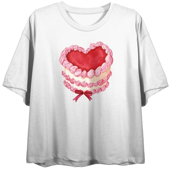 Cute Pink and Red Heart Cake Women's White Cropped Tee-Medium