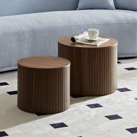 Nested Table 2 Walnut Color Coffee Table Round Shape For Living Room Stylish And Space Saving 2 Pieces Tables Modern Room