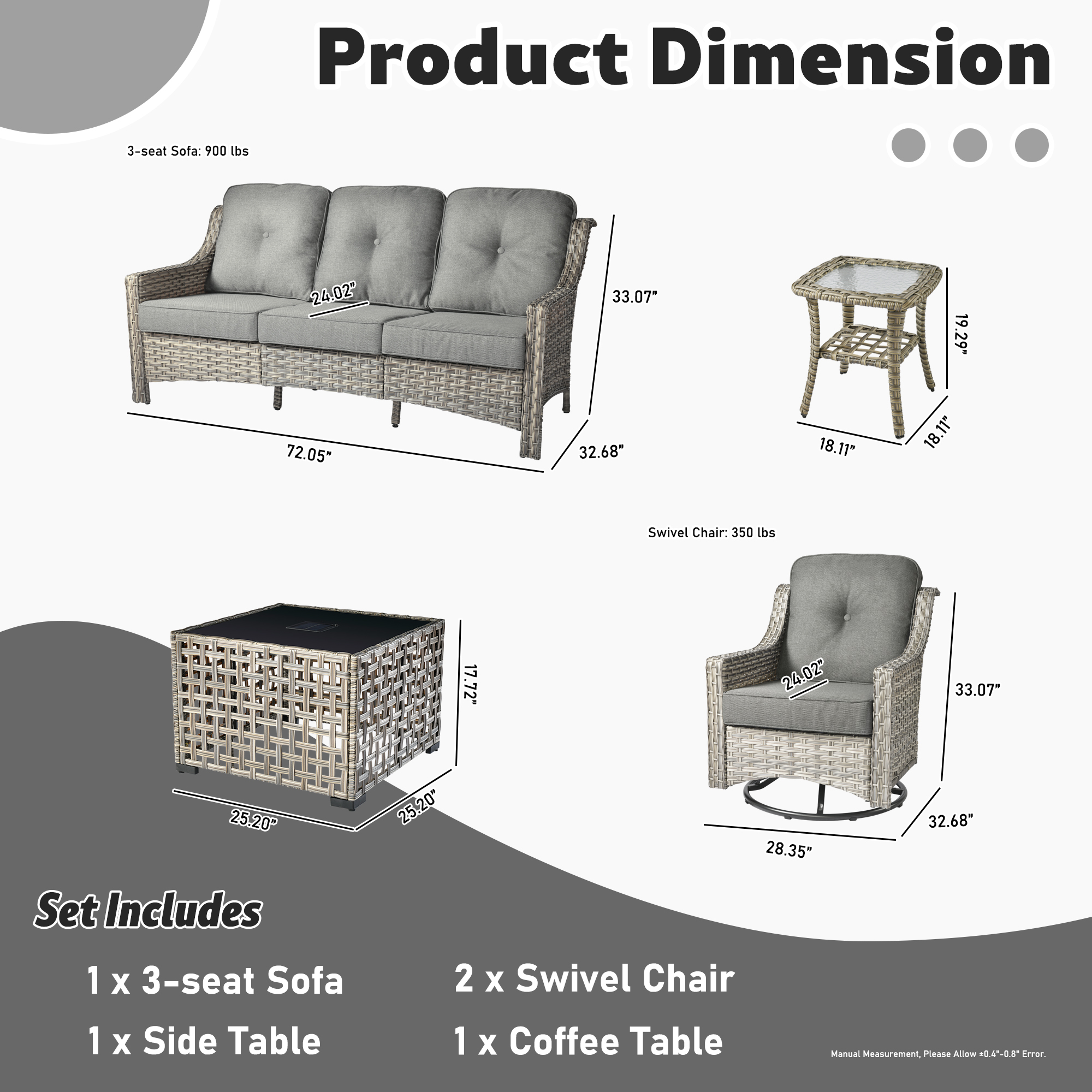 Ovios 5 Pieces Outdoor Patio Furniture Set High-Back Rattan Wicker Conversation Set Outdoor Sectional with Swivel Chairs & Solar Light Coffee Table, Dark Grey