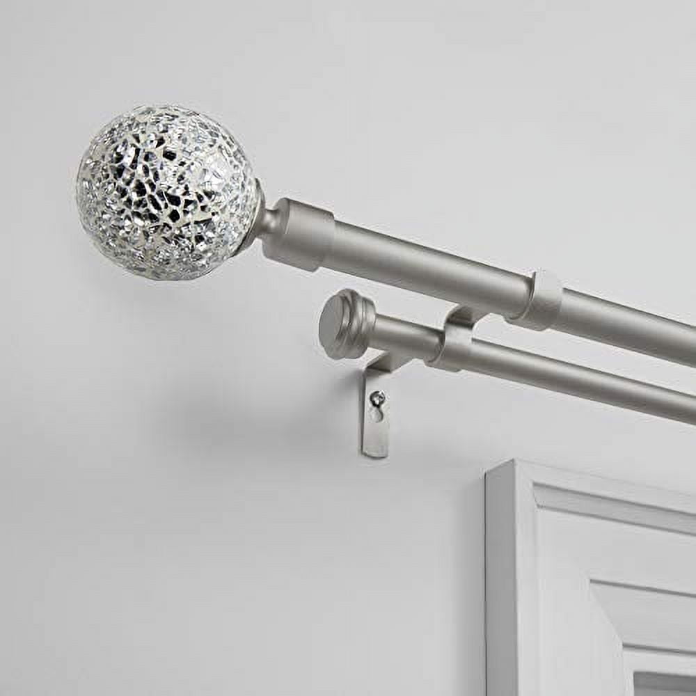 Exclusive Home White Mosaic Double Curtain Rod and Finial Set, Matte Silver, 66"-120"