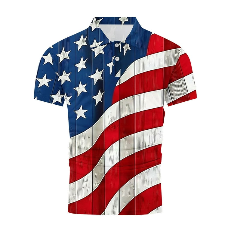 Uveasisha Memorial Day Polos Shirts for Men Big and Tall American Flag Print Golf Shirt 4th of July Casual Button Collared T-Shirt Red 5XL, Men's