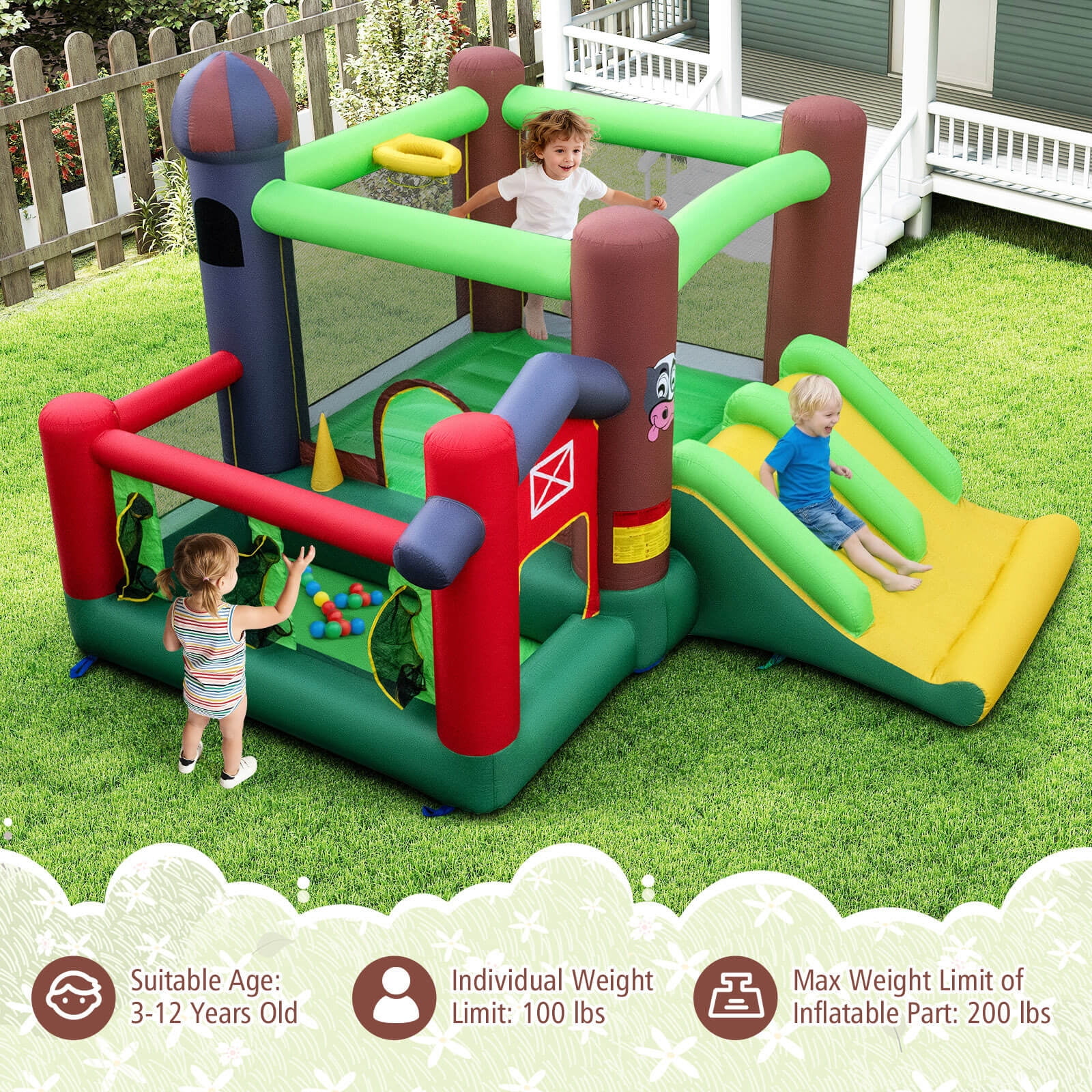 Costway Farm Themed Inflatable Castle Kids Bounce House w/ Double Slides Blower Excluded
