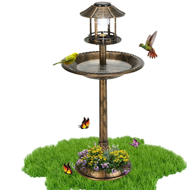 Seizeen Outdoor Bird Bath, 42''H Round Rustic Garden Birdbaths with Bird Feeder, Garden Decor w/Solar Light & Planter, Bronze