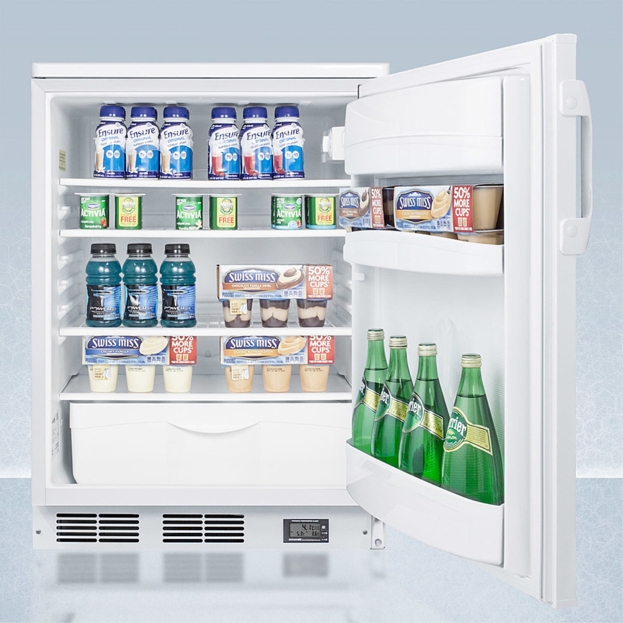 Commercially approved Nutrition Center series all-refrigerator in white for built-in or freestanding use, with front lock and digital temperature display