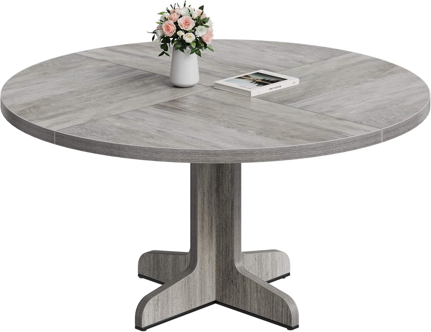 Round Dining Table for 4, 47 Inch Farmhouse Kitchen Table with Wood Tabletop and Stable Base, Circle Dinning Room Table for Home Dining Room Living Room, Grey