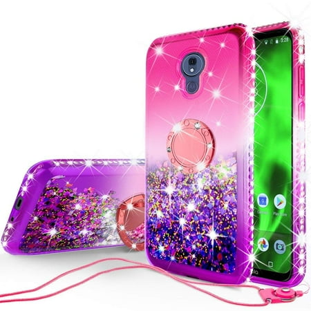 Diamond Pink Motorola Faceplates - SOGA Diamond Glitter Bling Liquid Floating Quicksand Cute Girl Phone Case Compatible for Motorola Moto G7 Power Case, with Metal Ring for Magnetic Car Mounts Include Lanyard - Purple on Pink
