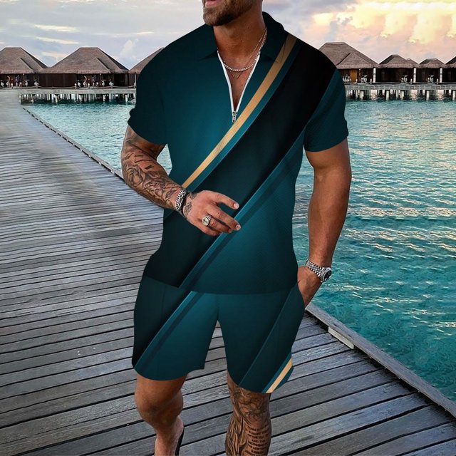 Male Casual Striped Ramp Print Two Piece Suit Zipper Short Sleeve Top Blouse Suit Drawstring Pocket Short Set Prom Suit for Men Boy Suit Set The Jacket Mens Satin Suit Jacket Penguin Suit Separate