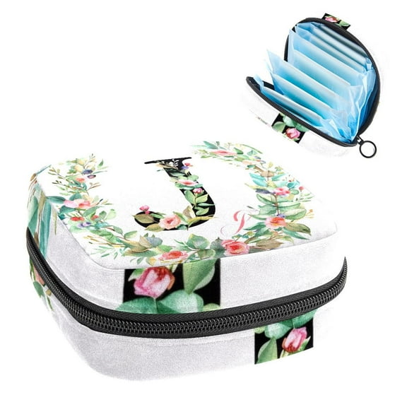 Sanitary Napkin Storage Bag for Girls Women, Portable First Period Pads Bag Tampons Holder Girls Travel Makeup Bag, Large Capacity Letter J with Wreath Watercolor Pattern