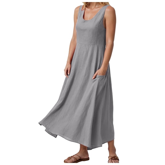Pimfylm Women's Summer Cotton Linen Long Dress Sleeveless Elegant Flowy Dresses Plus Size Loose Comfy Dress with Pockets Grey, S