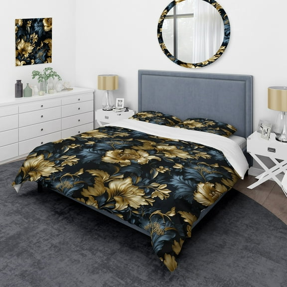 Designart "Opulent Navy Gold Damask I" Damask Bedding Covert Set - Bohemian & Eclectic Bed Set With 2 Shams