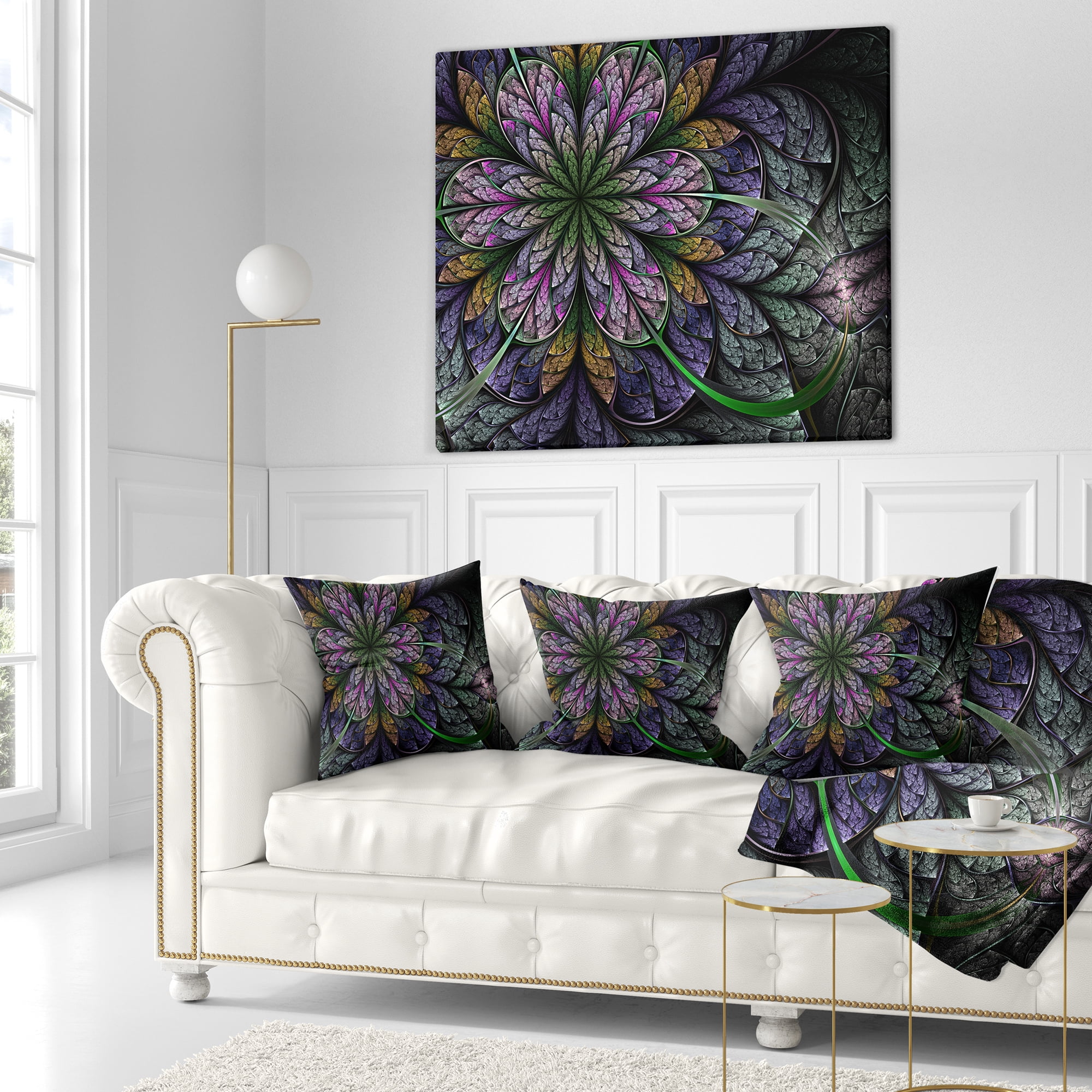 Designart Purple and Blue Large Fractal Flower Pattern - Floral Throw Pillow - 18x18