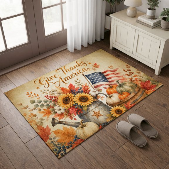 Entryway Rug 2'x3', Thanksgiving Kitchen Runner Rugs Non-Slip Carpet Mats, Fall Pumpkin USA Flag Sunflowers Retro Bedside Rugs Runners Washable Floor Carpet for Bathroom Laundry Room