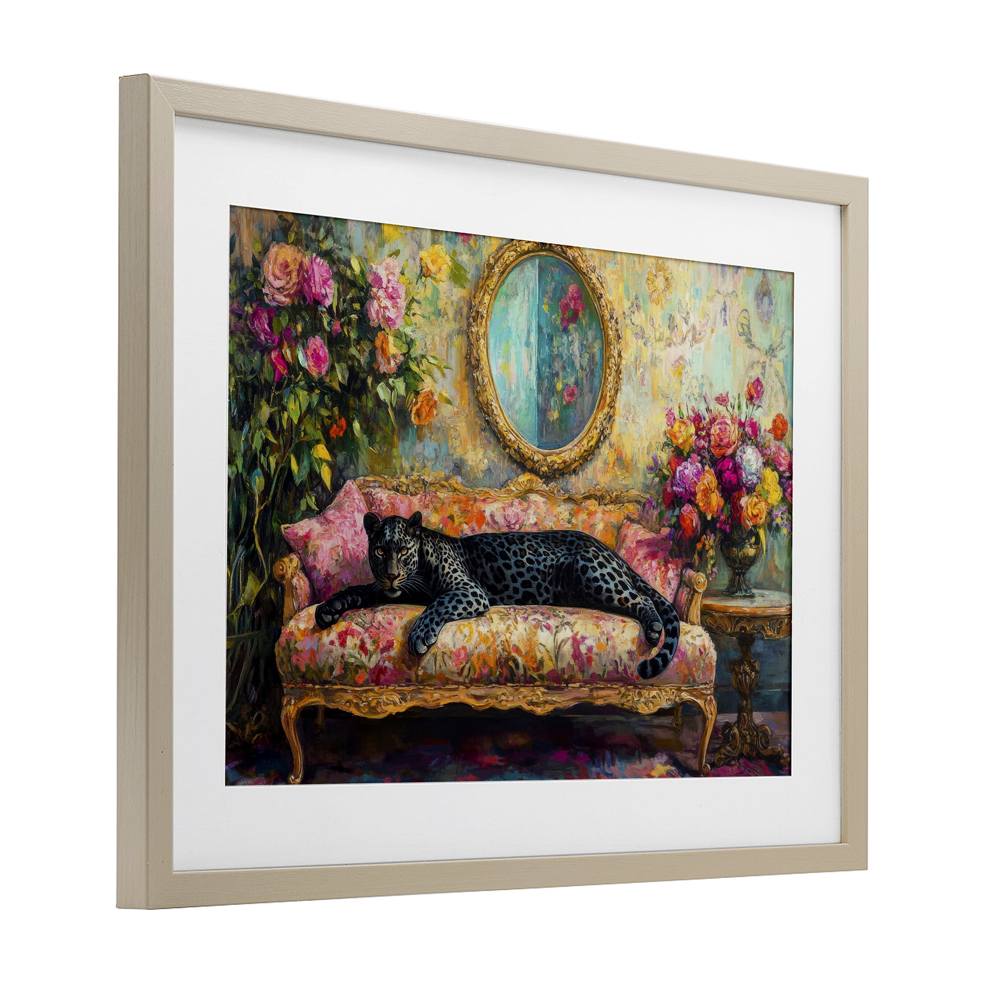 Stupell Industries Lounging Leopard on Floral Sofa Birch Framed Print Under Glass, design by Petal Prints Design