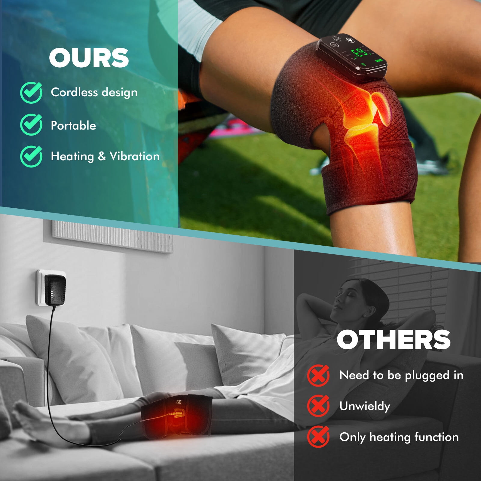 Heated Knee Massager, Cordless Knee Heating Pad, 3 in 1 Knee Elbow Shoulder Heated Massager with 3 Level Heating & Vibration, 4000mAh Battery for Relax Muscle, Black