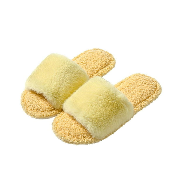 Xfvqtps Fuzzy Slippers for Womens Open Toe Solid Color Simplicity Fashion Non Slip Indoor Outdoor Warm Winter Cozy Fluffy Slippers Yellow