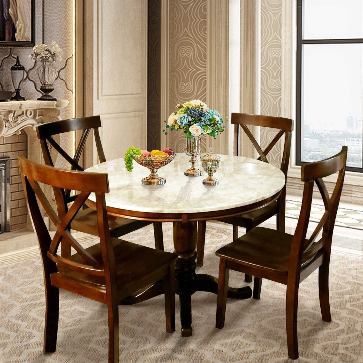 5 PCS Extendable Wood Dining Table Set with Round Table and 4 Upholstered  Chairs, Natural Wood Wash-ModernLuxe