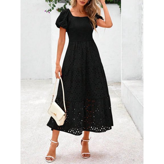 Black Eyelet Square Neck Puff Sleeve Smocked Maxi Dress With Pockets