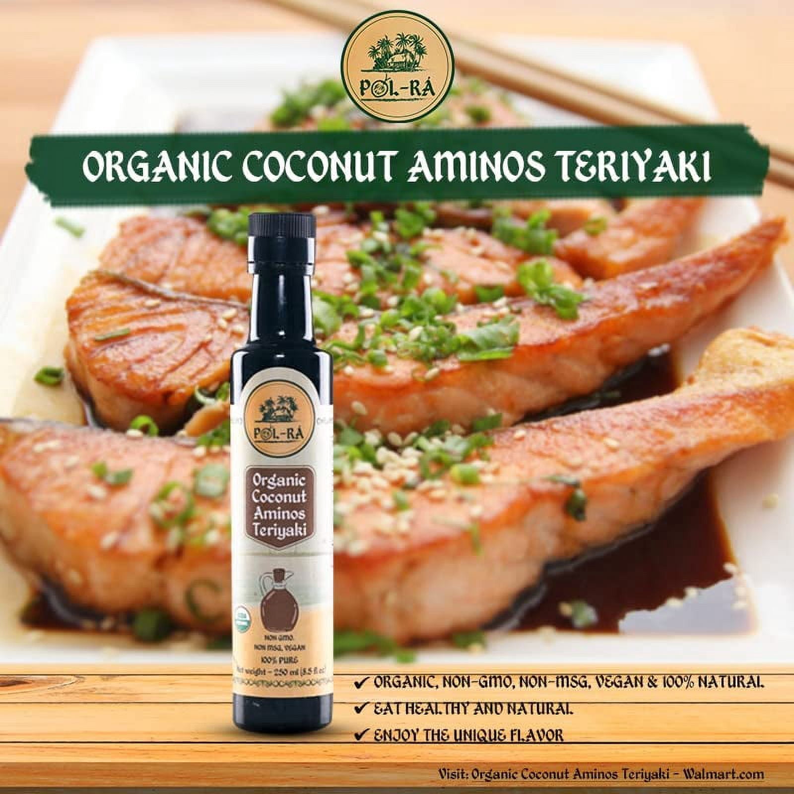 P L-RA  Organic Coconut Aminos Sauce Teriyaki - Soy Sauce Alternative - Vegan, Paleo & Keto - Soy Free - Low Glycemic, Low Sodium - Marinade Substitute - Gluten Free - Kosher - 8.5 oz - Pack of 4