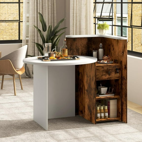 Reception Desk, Small Retail Checkout Counter with Lockable Drawer and Open Shelves, Wooden Front Desk Reception Counter, Oval Desktop & L Counter for Store Office Lobby Salon (Brown)