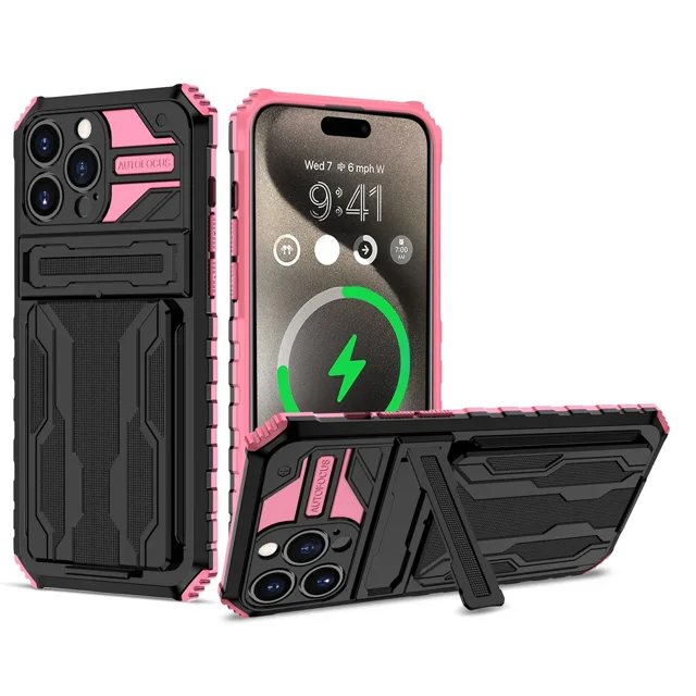 ShockProof Armor Case For iPhone 16 15 14 Pro Max Plus 13 12 11 Pro XS Max XR 8 Plus Anti Shock KickStand Bracket Card Slot Case Pink iPhone 13