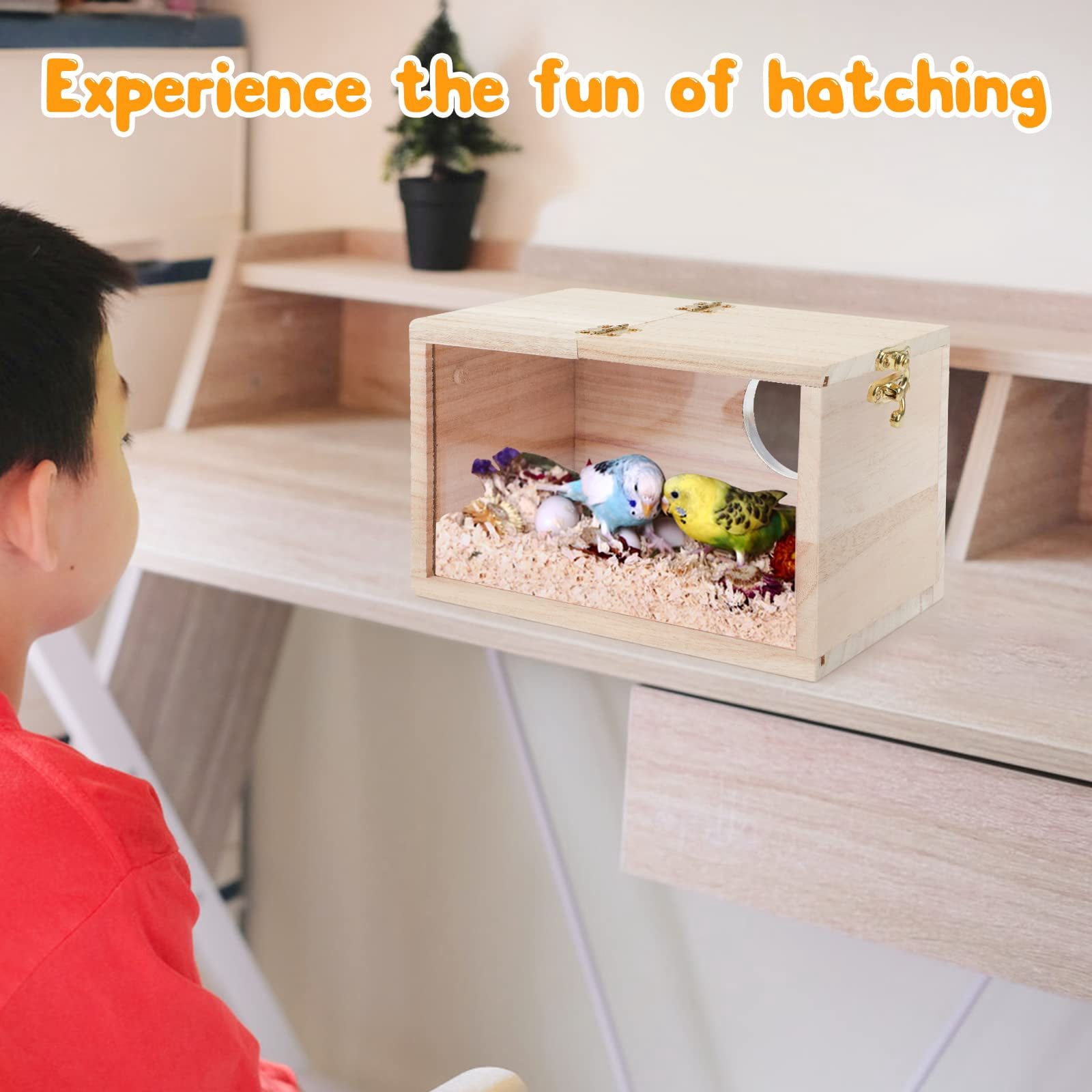 Parakeet Nesting Box Transparent Design, Bird Nest Breeding Box with Wood Bird Cage House for Cockatiel Lovebirds Finch Parrotlets Canary （12*12*19.5）