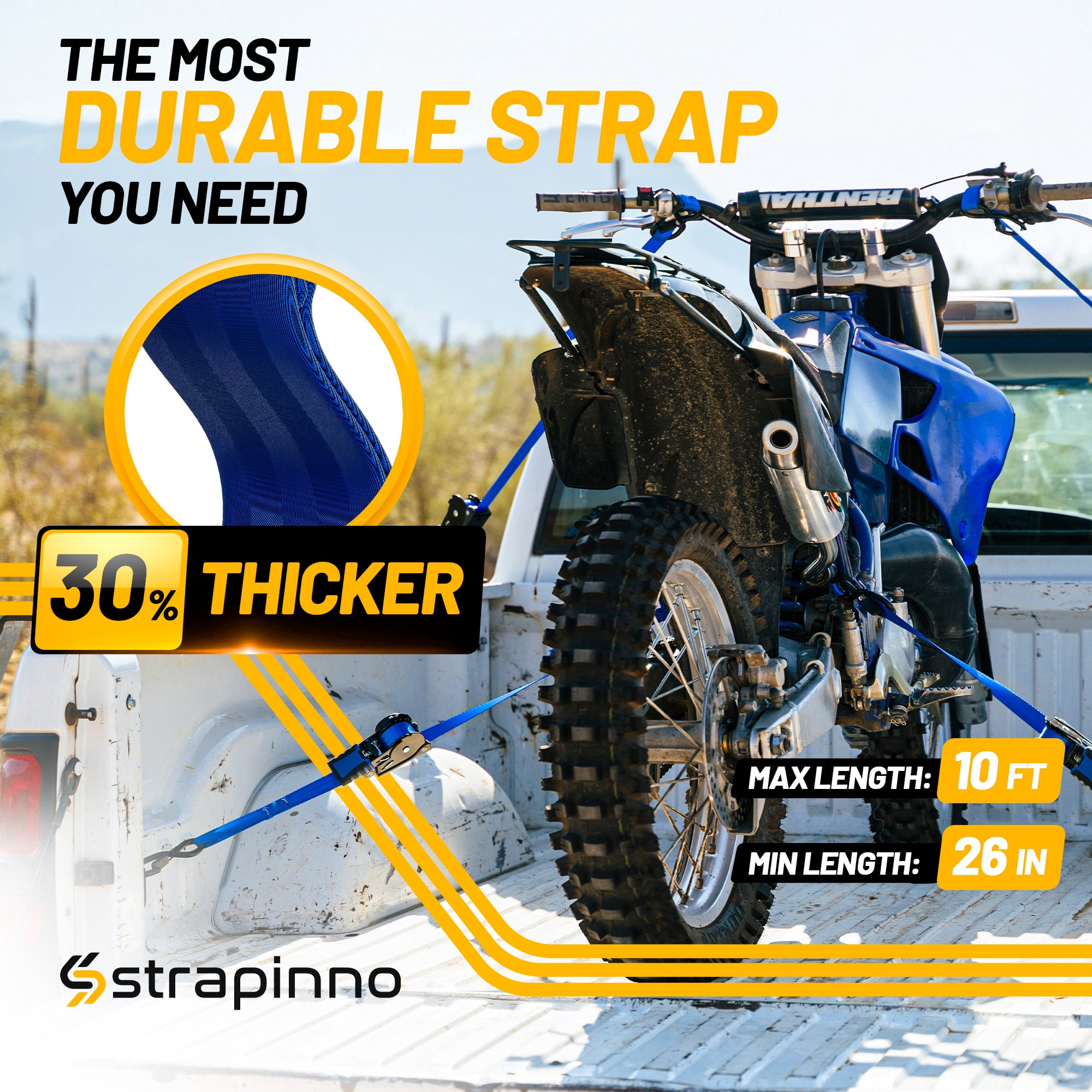 Strapinno Retractable Ratchet Straps 1 in x10ft, with Rubber-Coated Handles, S-Hooks, Secure Cargo Tie-Downs for Motorcycles, Bikes & Daily Use, Breaking Strength -1,500LBS/680KG (4 PK, Blue)