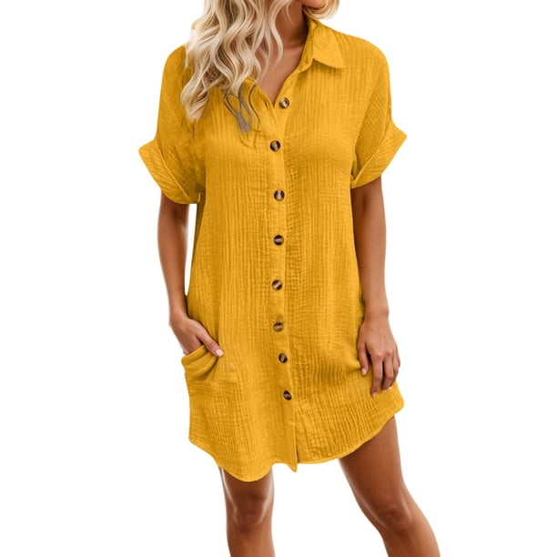 Vestido con cuello en V y botones para mujer - con bolsillos, informal/trabajo/fiesta, poliéster, verano/otoño, S-XXXL