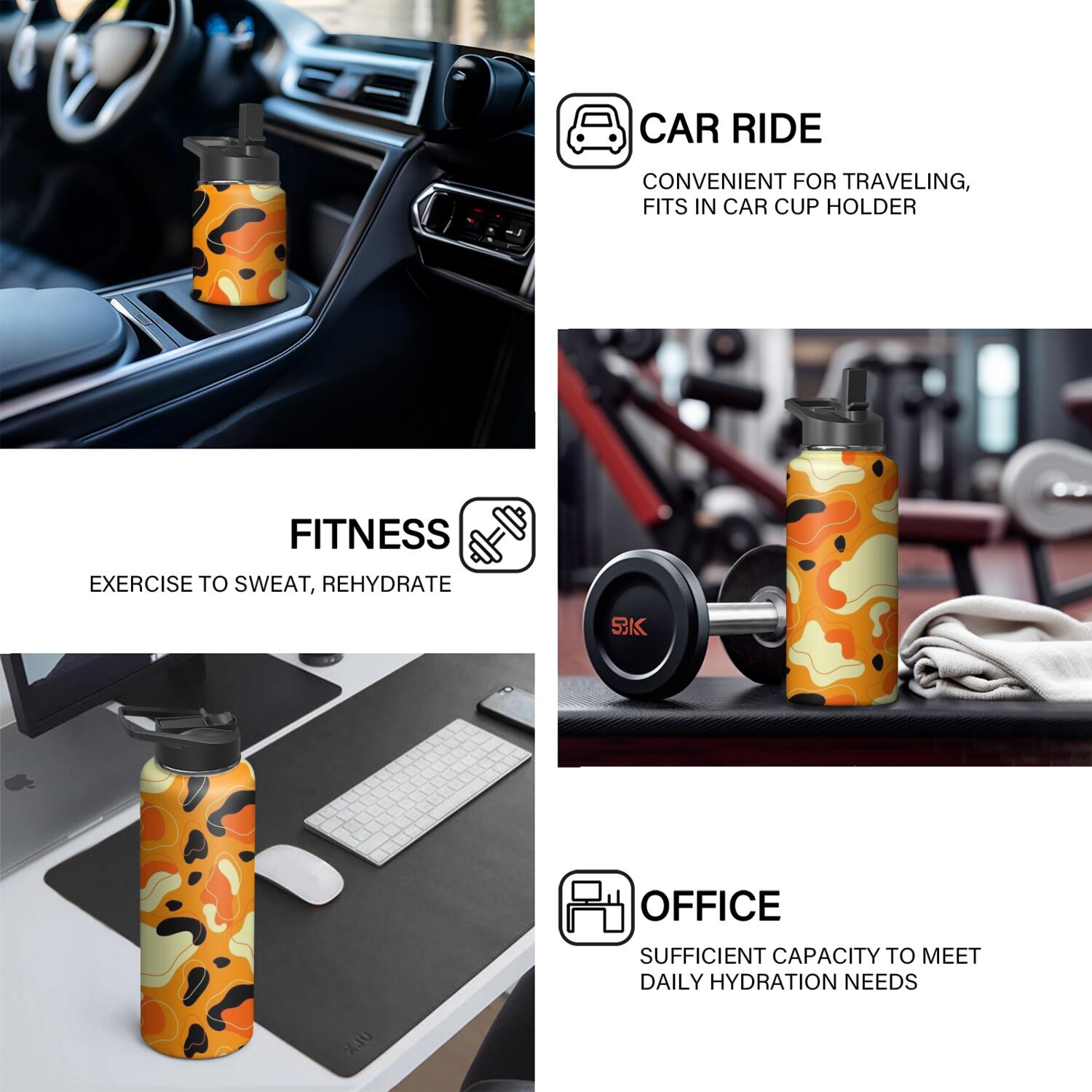 Leopard Print Insulated Stainless Steel Water Bottle with Straw & Cleaning Brush – 18 Oz | Leakproof, BPA-Free, 304 Stainless Steel, Wide Mouth, Travel Mug for Car, Gym, Office