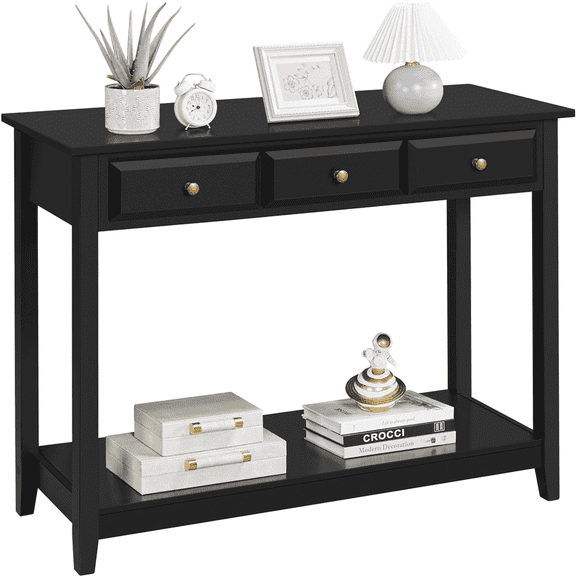 Topeakmart 3-Drawer Wooden Console Table Entryway Table with Storage Shelf Pine Wood Legs, Black