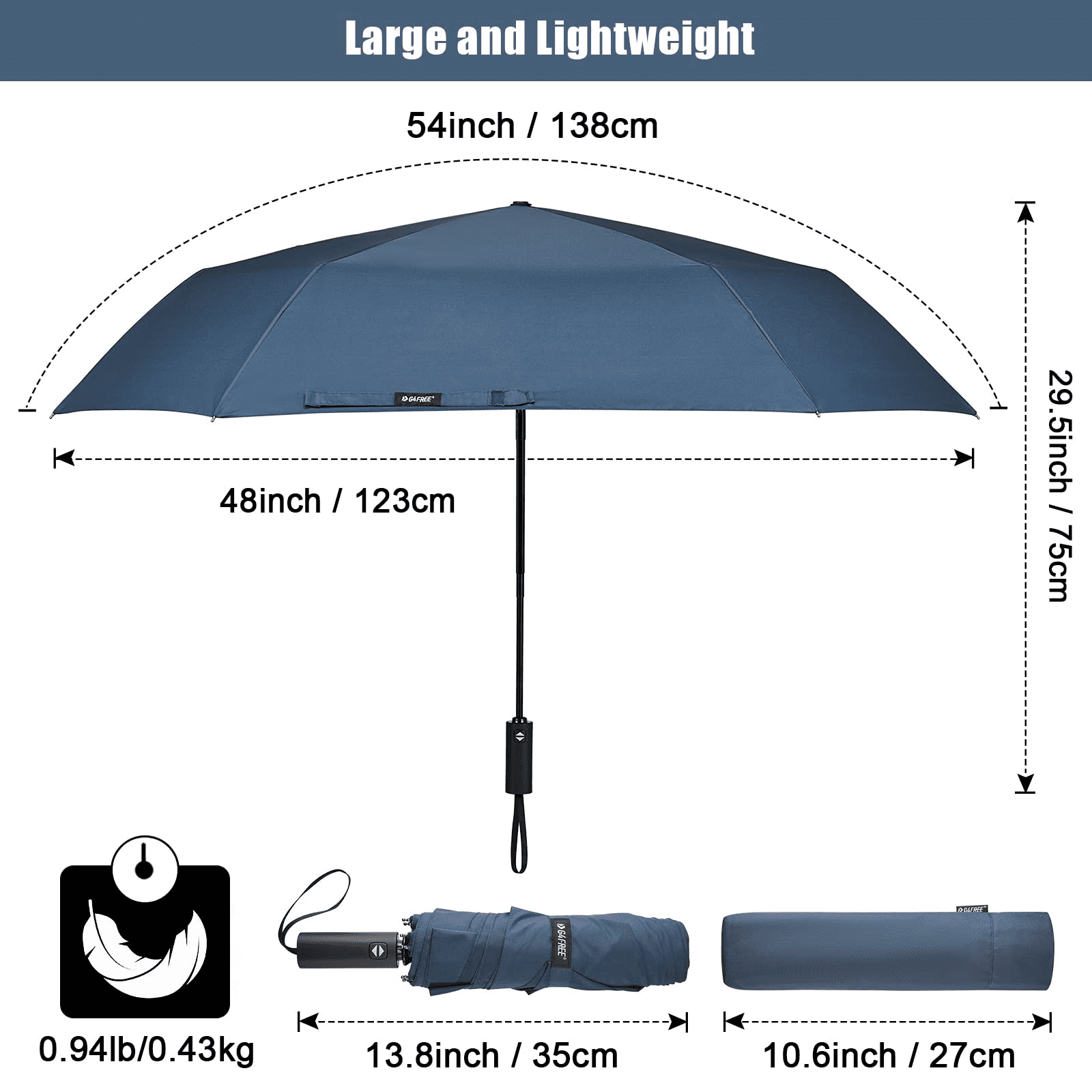 G4Free 54 Inch Large Golf Umbrella, Automatic Square 3 Folding Windproof Compact Travel Rain Umbrella