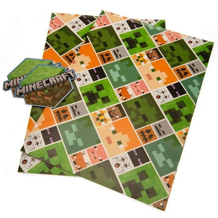 Danilo Promotions LTD PresNok Official Minecraft Gift Wrap 2 2 Tags, Gift Wrap for Presents, Climate Pledge Friendly Gift Wrap, Minecraft Recyclable Gift Wrap, Officially Licensed Gift Wrap
