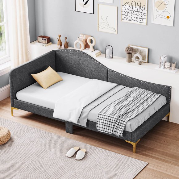 Costway Twin Size Upholstered Daybed Rivet-Tufted Platform Bed with Metal Legs